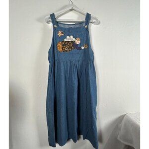 Vintage Sunbelt Denim Jumper Dress Large Blue Folk Art Appliqué Art to Wear